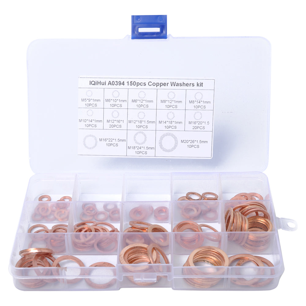 A0394 150Pcs / Set Copper Sealing Washers Flat Rings Gaskets with Plastic Box A0394 150Pcs / Set Copper Sealing Washers Flat Rings Gaskets with Plastic Box